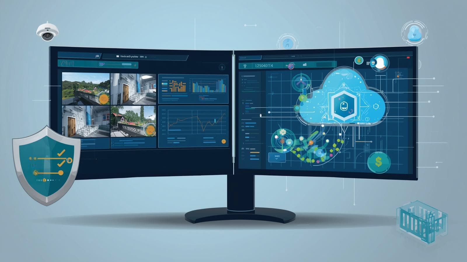 Integrated commercial security dashboard combining video surveillance, cloud analytics, and access control
