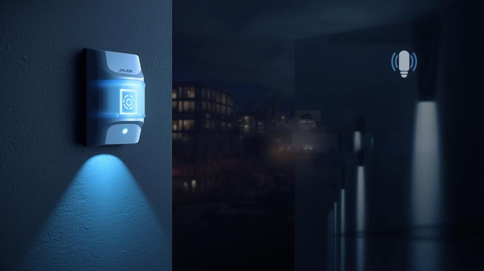 Commercial intrusion-detection sensor and alarm device mounted on an exterior wall at night